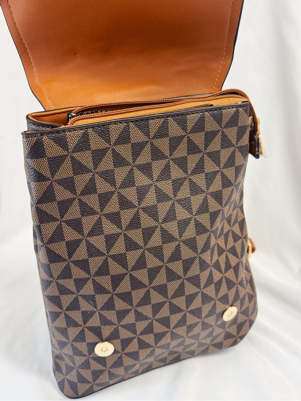 ATRIE vegan leather geometric fashion backpack, brown & Cognac, Front Flap NWT - Picture 5 of 10